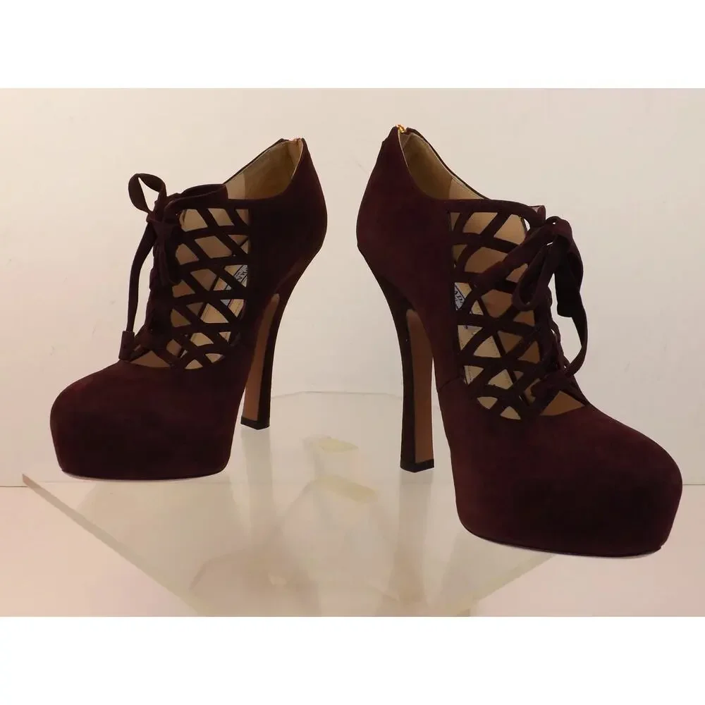 NIB PRADA 1IP156 BURGUNDY SUEDE CAGE CORSET LACE UP BACK ZIP PLATFORM PUMPS 38.5